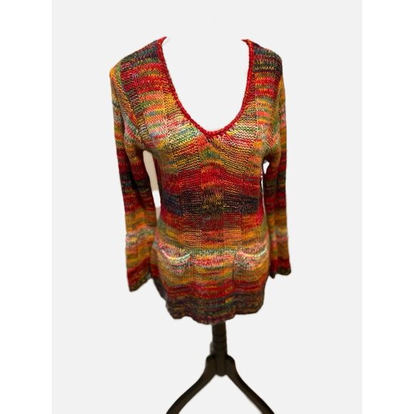 Bobby Brooks Women V-Neck Pullover Red Multi Tunic Knit Top WithPockets Size L. - Picture 1 of 8
